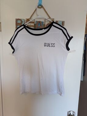GUESS White Short Sleeve Ringer Tee with Black Trim